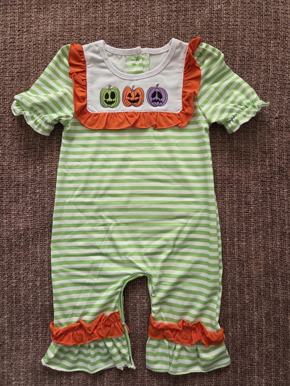 New Boutique Halloween Pumpkin Romper Lime Green Stripe Ruffle 18-24M